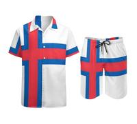 GONMFKM Short Sleeve Casual Tropical Hawaiian Shirt For Men Set With Shorts Summer Funny Novelty Faroe Islands Flag Print Hawaiian Shirts For Holiday Beach Funky Party