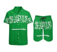 GONMFKM Short Sleeve Casual Tropical Hawaiian Shirt For Men Set With Shorts Summer Funny Saudi Arabia Flag Print Hawaiian Shirts For Holiday Beach Funky Party