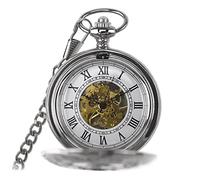 GONMPJZR Vintage Watch, Vintage Pocket Watch Mechanical Roman Numerals 96 Dial Skeleton Double Open Cover Watches with Chains Graduation(Silver)