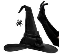 GONNCZ Black Witch Hat and Gloves for Women, Witch Costume Accessories for Adults, Satin Hat with Glitter Spider & 65cm Long Stretch Gloves，Fancy Dress for Halloween, Party & Cosplay