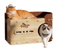 GONPETGP Large Cat Beds for Indoor Cats, Extra Wide Cat House Cave with Scratch Pad Wooden Play Ball, Foldable Felt Kittens Hideaway Condo for Multiple Small Pets