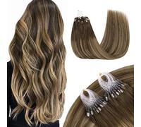GOO GOO Micro Loop Hair Extensions Real Human Hair, Balayage Chocolate Brown to Caramel Blonde 50g 14inch 50 Strands Cold Fusion Micro Bead Extensions