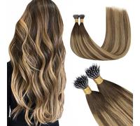 GOO GOO Nano Ring Hair Extensions Real Human Hair, Nano Hair Extensions, Balayage Chocolate Brown to Caramel Blonde 50g 14inch 100 Strands Cold Fusion Nano Beads Extensions
