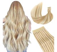 GOO GOO Tape in Hair Extensions Human Hair, 20pcs 50g 14inch, Ash Blonde Mixed Bleach Blonde Real Remy Hair Extensions Seamless Straight Human Hair Extensions