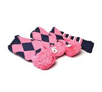 GOOACTION 3PCS Knitted Golf Head Covers 1-3-5 for Driver and Fairway Woods with Long Neck Design Vintage Argyle Navy Blue and Pink Sock Pom Pom Golf Club Head Covers Set