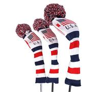 GOOACTION 3PCS Knitted Golf Head Covers for Driver and Fairway Woods American USA Flag Pattern with Long Neck Design White Red and Navy Blue Sock Pom Pom Golf Club Patriotic Head Covers Set