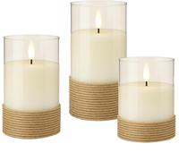 Goobay Set of 3 LED Candles in Glass, White, with Timer Function and 3D Wick - Hemp Wrapped Glass LED Candles for Stylish Decoration, Battery Operated 77773