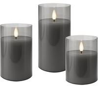 goobay Set of 3 LED Candles with Timer Function - Real Wax in Glass, Clear Grey, 3D Wick, Battery Operated, Warm White, Stylish LED Candle for Safe Decoration 77755