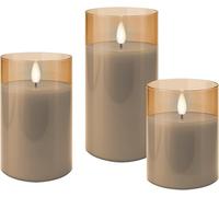 goobay Set of 3 LED Candles with Timer Function, Real Wax in Glass, Gold, Transparent, 3D Wick, Battery Operated, Warm White, Stylish LED Candle for Safe Decoration 77756