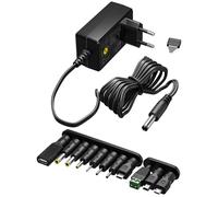 Goobay - Universal 5.5 x 2.1 mm DC power supply with 3 V - 12 V, max. 3.6 W / 1.2 A, with 7 add/interchangeable adapters - Black, 65592