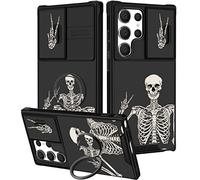 Goocrux 2 in 1 Case for Samsung Galaxy S23 Ultra, Skeleton Skull for Women, Cute Gothic Horror Design, Sliding Camera Cover & Ring, Funny Cases for S23 Ultra 5G 6.8 Inch, Black