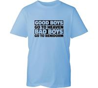 Good Boys Go to Heaven Bad Boys Go to Benidorm Funny Meme T-Shirt Sarcastic Joke Humor Hilarious Holidays Vacations Gift for Gf/BF Gift for Friends Birthday Unisex Top (Sky Blue, S)