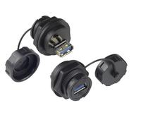 Good Connections Industrial Connector S4 - USB 3.0 Feed-Through Coupling - Female A on Both Sides - One Side with Cover - Bayonet - IP67 - Dust and Waterproof - Black