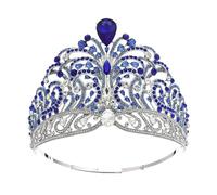 Good Crown Shining Rhinestone Tiara Full Circle Large Crown Adjustable Bridal Wedding Party Big Crowns Delicate Comfortable(Blue)