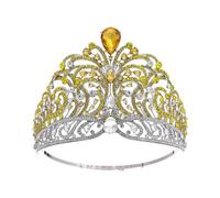 Good Crown Shining Rhinestone Tiara Full Circle Large Crown Adjustable Bridal Wedding Party Big Crowns Delicate Comfortable(Yellow)