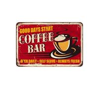 Good Days Start Coffee Bar Open Daily Self Serve Always Fresh Vintage Poster Tin Sign Bathroom Home Garden Retro Store Cafe 8X12 Inch Retro Look Metal Poster Sign For Farm Garage Quotes Wall Decor