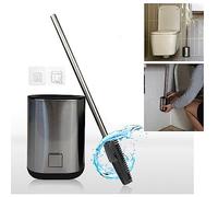 GooD ELEMENT, Silicone Toilet Brush, Free-Standing or Wall Mounted no drill, Flat and Slim Toilet cleaner, Toilet Brushes & Holders, Chrome Silver Stainless Steel long handle, Black Brush