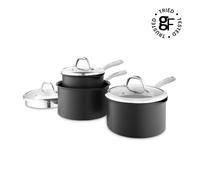 Good Food in Partnership with Tower Hard Anodised 3 Piece Saucepan Set 16cm, 18cm & 20cm with Tempered Glass Lids, 10x Stronger Superior Ceramic Non-Stick Coating, Induction Compatible, Grey