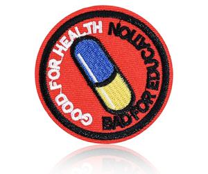 Good for Health Bad for Education Pill Capsule Patch, Satirical Embroidered Patch Iron On/Sew On for Backpack Laptop Case Jackets Hats Journal, DIY Cyberpunk Capsule Satire Emblem Gift, Comic Badge