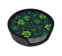 Good Fortune Shamrock Clover Coaster A Set of 6 4-Inch Circular Leather Coasters with Brackets