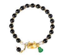 Good luck bracelet, Crystal Bracelet Golden Dumpling Dragon Gourd Charm Quartz Strong Talisman for 2024 Year of Zodiac Feng Shui Wealth Chakra Amulet(Black Agate)