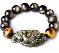 Good luck bracelet, Feng Shui Black Obsidian Bracelet, Tiger Eye Buddha Beaded Bracelets Natural Golden Gemstone Energy Adjustable,10mm