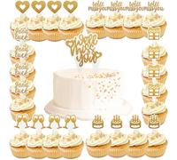 Good Luck Cake Topper - 25PCS Gold Glitter Cake Topper Set, We Will Miss You Decorations, Cake Insert Has Patterns on it: Gift Box Love Goblet Good Luck Will Miss You for Job Change Retirement Decor