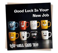 Good Luck Card for New Job - From Office Colleagues, Co-Workers - We Will Miss You - Different types of Coffee Cups, Laughing, Cartoon - For a Colleague, Co-Worker