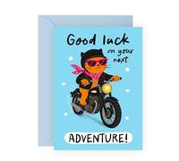 Good Luck Card - “Your Next Adventure!” - Cool Leaving, New Job or Retirement Card for Him, Her, Buddy, Niece, Nephew, Son, Daughter, Friend - Cool Biker Cat on Motorcycle - Comes with Stickers