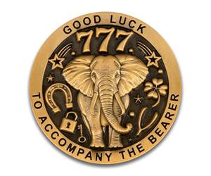 Good Luck Challenge Coin Dual Sided - Elephant & Four Leaf Clover Design - Motivational Token for Men Women - 777 Lucky Symbols - Zinc Alloy Pocket Keepsake