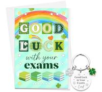 Good Luck Exams Card with Keyring, Exam Success Gift for Students | Four-Leaf Clover Lucky Charm, Rainbow Exam Theme Design, Suitable for Gcse A Level Exams, Motivational Student Gift