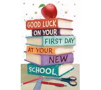 Good Luck First Day at New School Greeting Card with Gold Foil Finish, Apple and Books Design