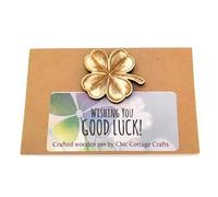 GOOD LUCK GIFT Shamrock Four Leaf Clover Pin - Engraved Wooden Badge/Brooch