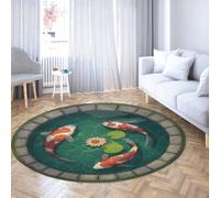 Good Luck Koi Pond Round Rug 60cm Machine Washable Living Room Carpet Non Slip Thin Circular Rugs Large Foldable Bedroom Throw Mat Low Pile Japanese Style Indoor Outdoor Floor Feng Shui Decor Rug