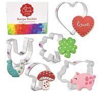 Good Luck & Love Cookie Cutters 5-Pc. Set Made in USA by Ann Clark, Four Leaf Clover, Heart, Mushroom, Pig, Horseshoe
