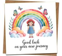 Good Luck On Your New Journey Greeting Card - Rainbow & Girl Design, Square 145mm x 145mm - Blank Inside - New Job/School/Bon Voyage - Includes Kraft Envelope