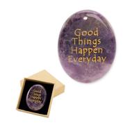Good Luck Stone - Good Luck Charms, Deep Gold Engraved "Good Things Happen Everyday" Crystal Pebble, Positive Quotes Stone, Encouragement Stress Relief Stones Pendant Gift, Amethyst Stones for Exams