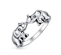 Good Luck Trunk Up Zoo Animal Two Elephants Ring For Women For Teen Oxidized .925 Sterling Silver
