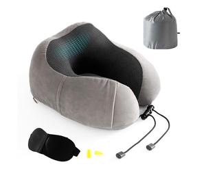Good Nite Travel Pillow Neck Memory Foam Support Pillow for Adults Travel Airplane Camping Car Train Office Pillow Flight Plane Pillows with Ear Plugs Eye Mask Carry Bag Grey