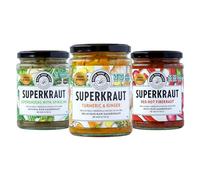 Good Nude Food Superkraut Trio - Turmeric & Ginger, Supergreens with Spirulina, Red Hot Firekraut - Award-Winning Raw Probiotic Sauerkraut Collection for Gut Health, 3 x 460g Jars