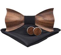 Good partner Wooden bow tie men's wooden bow tie men's classic 3D embossed wooden bow tie set plaid square scarf cufflinks casual solid wood environmental protection set - Black - One size