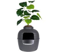 Good Pet Stuff Original Hidden Litter Box Planter, Decorative Cat Litter Enclosure, Carbon Filter, Faux Plant, Round Design, Easy Clean Litter Tray, Essentials Kit, Broad Leaf Plant, Charcoal Black