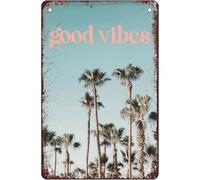 Good Vibes Palm Tree Funny Retro Metal Tin Signs for Home Farm Outdoor Bathroom Restaurant Cafes Bars Club Kitchen Garage Cute Vintage Art Wall Decor Sign 8x12 Inch