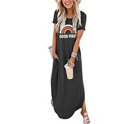 Good Vibes Rainbow Graphic Dress Womens Sleeveless Pocket Maxi Dress Hawaiian Beach Beach Tank Dress, Short Sleeve-dark Grey, L