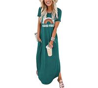 Good Vibes Rainbow Graphic Dress Womens Sleeveless Pocket Maxi Dress Hawaiian Beach Beach Tank Dress, Short Sleeve-water Green, XL