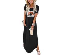 Good Vibes Rainbow Graphic Dress Womens Sleeveless Pocket Maxi Dress Hawaiian Beach Beach Tank Dress, Short Sleeve-black, L