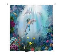 goodbath Dolphins Shower Curtain, Mermaid Shower Curtain Mould Mildew Resistant Fabric Bath Curtains for Bathroom Bathtub, 180 x 180 cm, Multi-colorful