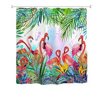 goodbath Extra Long Shower Curtain, Flamingo Tropical Leaves Waterproof Anti Mould Fabric Shower Curtains for Wet Room, 180 x 240cm Drop(72x94), Pink Green