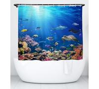 goodbath Short Shower Curtain,Under Ocean Fish Anti Mould Fabric Waterproof Bath Curtains for Bathroom Bathtub, 180 x 150 cm,Bright Blue