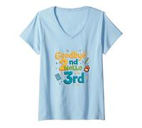 Goodbye 2nd Hello 3rd Grade School Transition Fun V-Neck T-Shirt, Women, Baby Blue, S